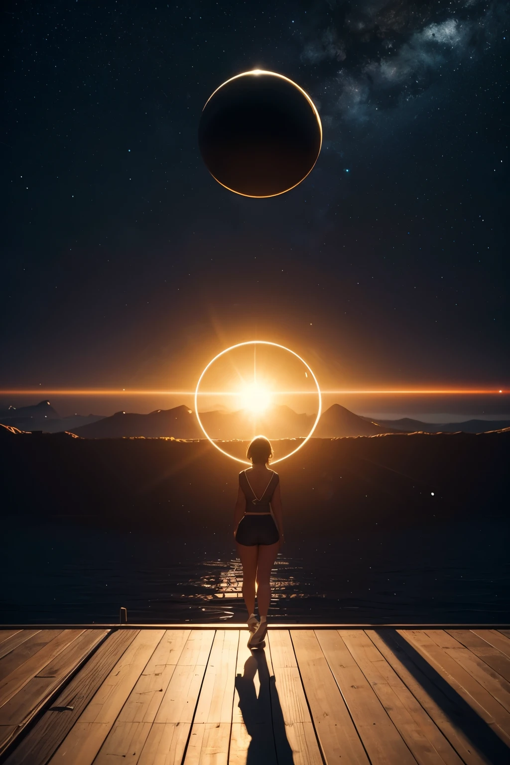 Black Woman, 30 years old, Graceful Stride, Floating Yellow Wooden Bridge in Outer Space, Spherical Portal in Background Connecting to Bridge, Yellow Sunshine in Sky Shining a Beautiful and Vibrant Glowing Cinematic Scene, Ultra HD, Hyper-Realistic Images, 32k, Masterpiece, Trending on ArtStation, Octane 3D Rendering, Unreal Engine Rendered. Capture the Imagery to Give the Viewer a Breathtaking Essence. Cinematic Film Still, Shot on V-Raptor XL, Film Grain, Vignette, Color Graded, Post-Process
