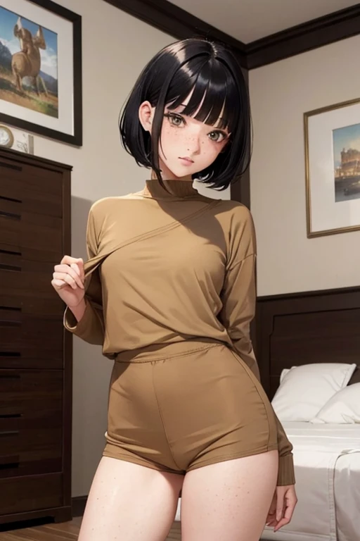 4K, masterpiece, 8 K, high quality, 最high quality, in the house, in the room, room background,Short black hair, Gathered in two tails,Iris,blunt bangs,freckles,very short,shorts, skin tight shorts, camel's foot,embarrassing,barefoot,very small ass,Very thin hips,Small photo frame,flat chest,short denim shorts,Open flight,Tsundere,printed t-shirt,Navel, Accurate and detailed beautiful female fingers, I don't wear a bra because it's uncomfortable, I don't wear panties because I don't want to