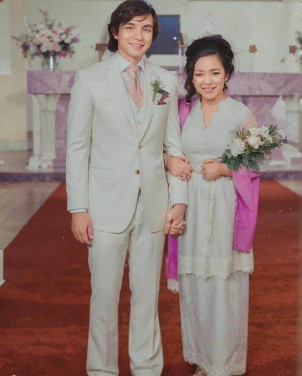 The image captures a moment of joy and celebration, featuring a newlywed couple standing in front of a church altar, surrounded by flowers and adorned in traditional wedding attire.