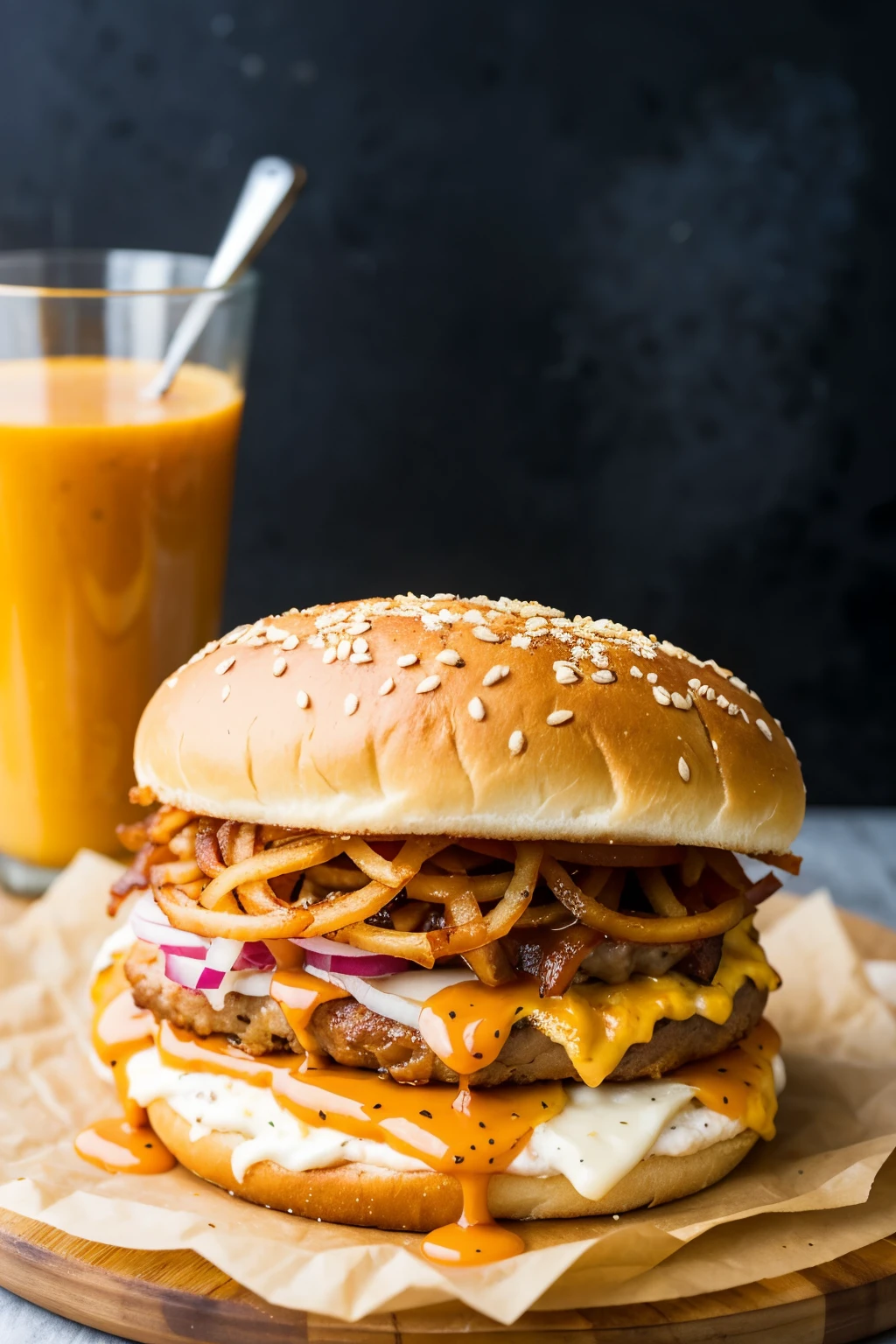 A profile burger, that has only one flesh, a melted chopped mozzarella cheese, crispy onion, caramelized tocineta, an orange sauce and artisan bread, Make sure it looks complete and is on one level. You can remove the seeds from this bread.