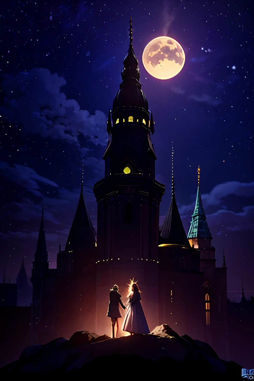 In the heart of the night, a dark logo gleams mysteriously against the backdrop of an ancient castle. The moon, a luminous sphere, casts an ethereal glow upon the cold, stone structure. Shadows dance playfully on the castle walls, creating an enchanting scene that unfolds beneath the celestial light. The imposing castle, with its towering spires and intricate details, stands as a testament to time, its dark logo echoing tales of myth and legend.