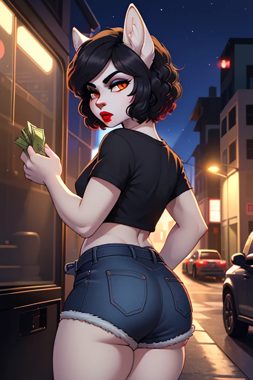 (masterpiece), (best quality), (high res) (solo), (perfect anatomy) (perfect face), wolf and sheep hybrid, (black hair), (black wool), (curly short hair), fair skin, ambiguous gender, (1boy1girl), flat chest, wide hips, thick thighs, (blue jean mini shorts), (prostitute), ((red tiny top)), yellow glowing in the dark eyes, angry, androgynous, (long eyebrows), ((deep red lipstick)), ((black eyeshadow)), sexy pose, in a street full of people, ((talking to someone inside a car)), ((grabbed by an taller unknown man from behind)), ((money in her hands)), ((((butt against a man crotch)))), (((porn parody)))