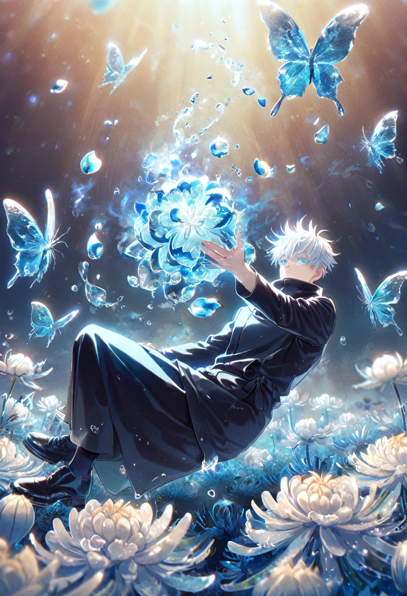 absurd resolution, high resolution, ultra detailed, detailed eyes, extremely detailed, HDR, 8K, Gojou Satoru, white hair, expressive blue eyes, white eyelashes, Jujutsu Kaisen, black coat, black pants, black shoes, full body, fantasy, cool, magical, blue glittering butterflies, blue dust flying around, blue spider lilies, blue petals, blue lanterns, icy, cold, blue blossoms, blue sky