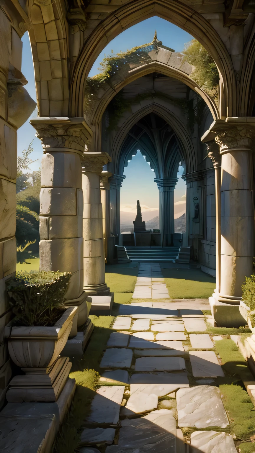 a single simple stone archway from a castle room to a fairytale garden outside,sunrise,fantasy,ethereal,extreme details,photorealistic,design,architecture