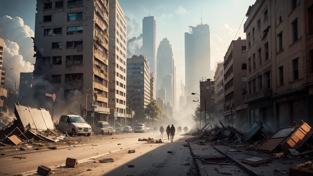 "The once bustling city now lies in ruins, with buildings crumbled and smoke rising from the wreckage. Debris and broken structures litter the streets, painting a picture of devastation and despair."