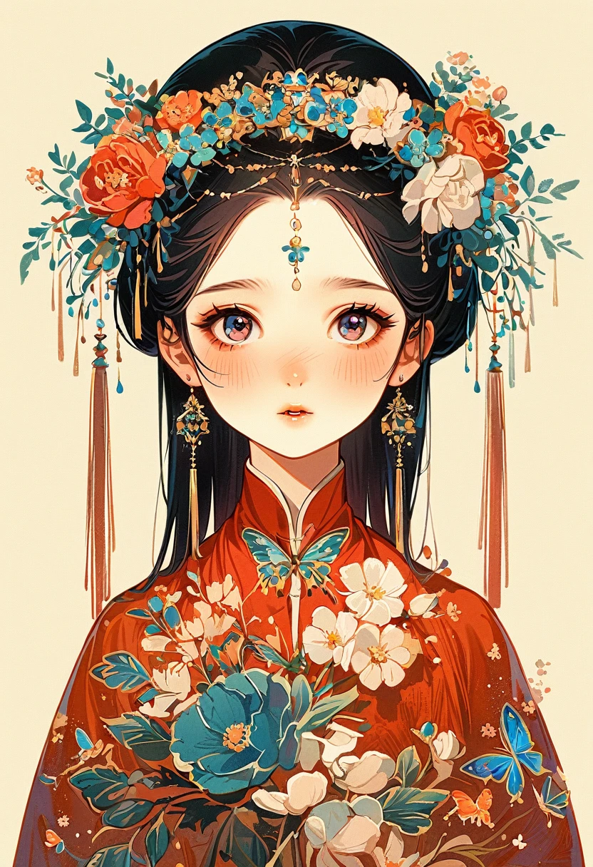 1 sister, Solitary, looking at the audience, Blushed, background, black hair color, Hair accessories, Long sleeve, White background, eternal, Full body female, Flowers in bloom, purple, Flowering, OK, Butterfly, masterpiece, Recent quality, The best details, Clear facial features, beautiful eyes
