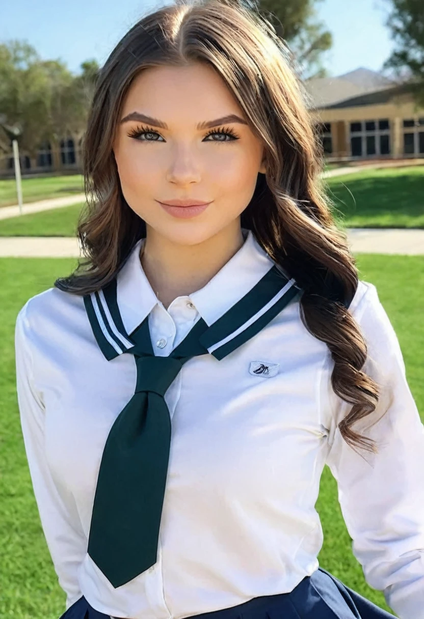 (((high quality:1.2))), Work of art, (8k), extremely detailed, ((High detail:1.2)) ((best resolution)), (Hotlexi woman), (Kenzie Reeves), Solo, ((24 years old brunette female)), (school uniform),