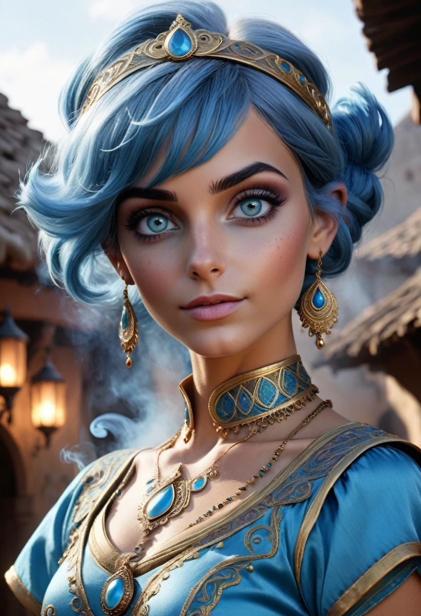 realistic, analog photo, Masterpiece, RAW photo, middle shot, photorealistic, (detailed cute face), genie, (folkloric Arabic creature), (in "Aladdin" style), (cute female, looks like Rachel Cook), short blue hair, blue skin, detailed Arabic village on background, (ghost blue smoke body), smoke particles, halo, (bioluminescent:0.95), vivid colors, vibrant color details, dynamic, Intensed eyes, sexy, pleasure, smoke splash, wishmaster, depth of field, 35mm, film grain, raw photo, isometric, extremely detailed