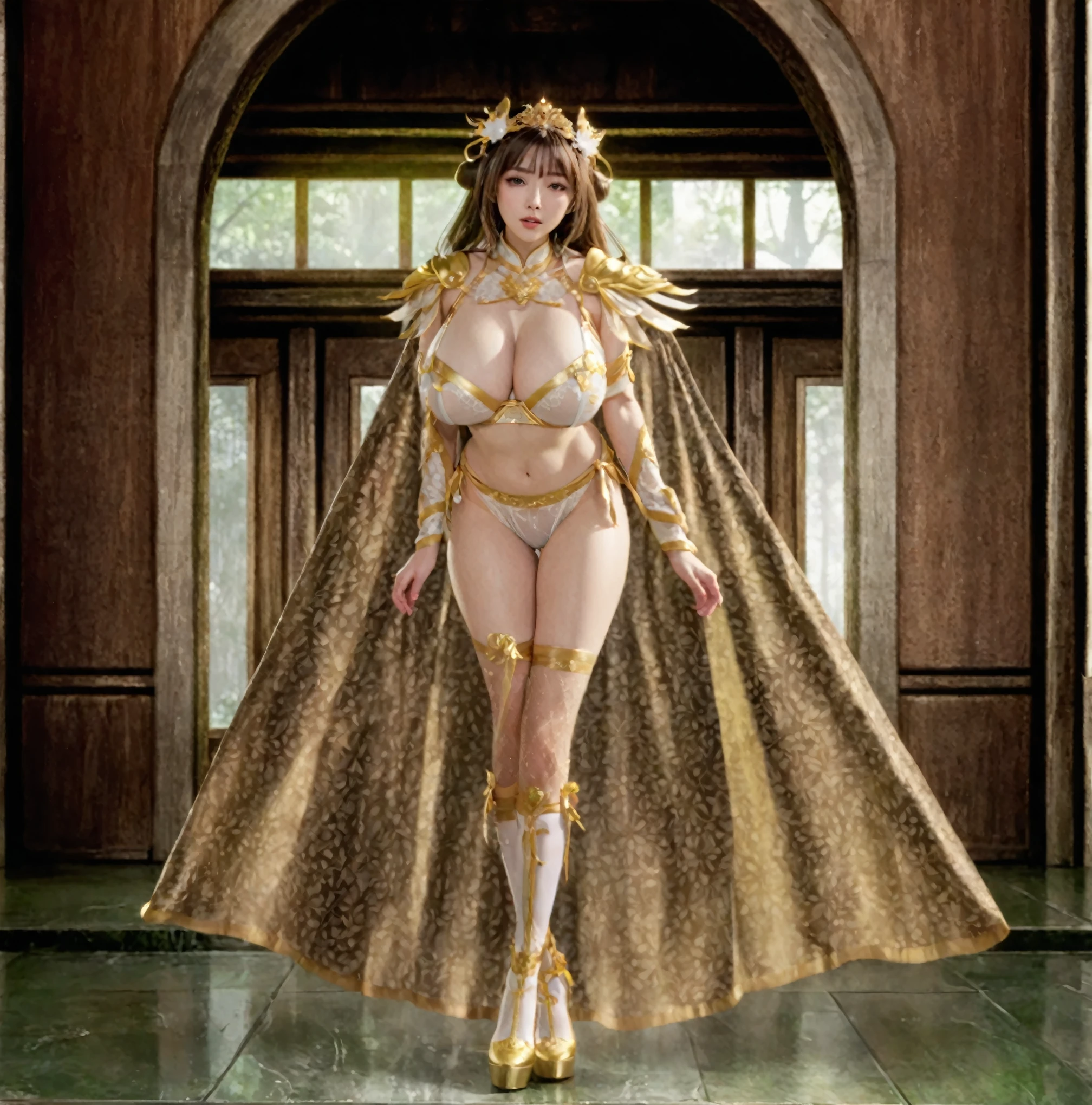 Anime style image of woman wearing sexy lingerie and cape, Full body fairy, Beautiful fantasy queen, She exhibits sexual arousal and intense desire,Transparent underwear,Sheer clothing,high-cut underwear,Huge breasts,girl,诱人的动漫girl, Hino Rei plays the princess, A masterpiece from Koizumi, White boots,Full body details, Japanese Goddess, palace , 穿汉服的girl, Very popular on cgstation