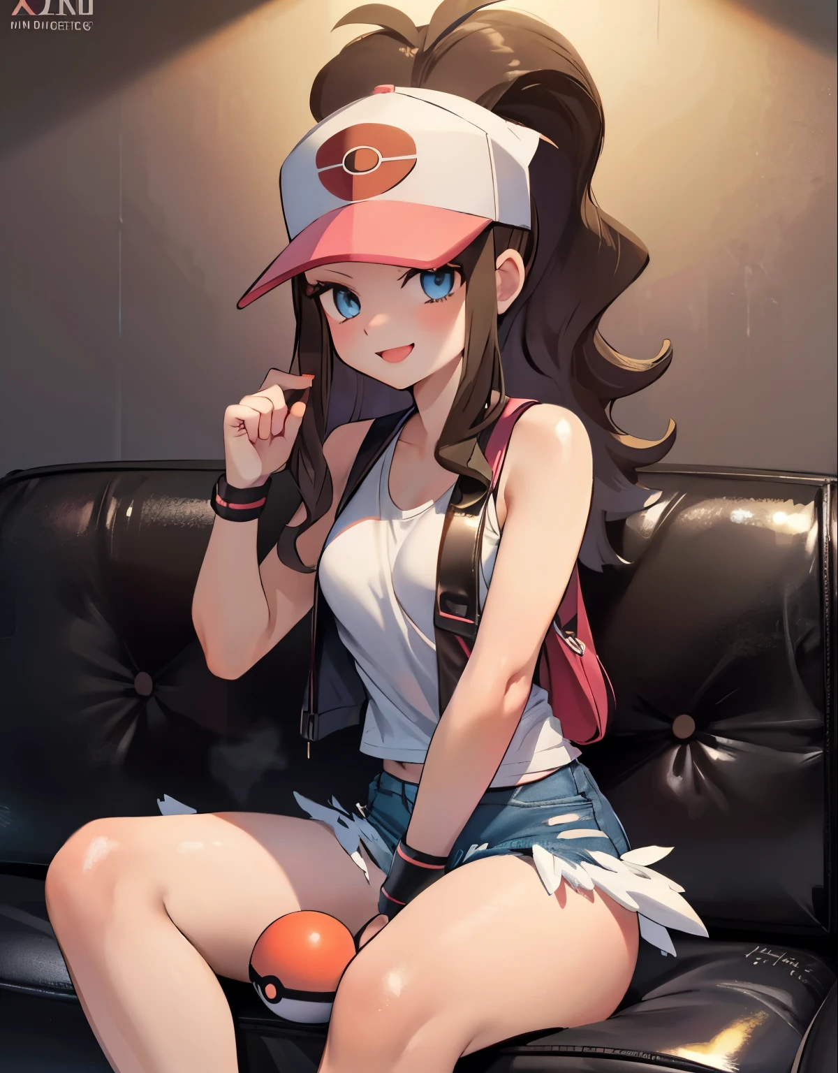 a hilda pokemon, def1, sitting on a black leather armchair, a man touching her body next to her, curious look, pokeballs, smile, feminine charm, downblouse, highly detailed, photorealistic, 8k, studio lighting, warm color tones, dramatic lighting, elegant, beautiful, exquisite, intricate details, flawless skin, flowing hair, expressive eyes