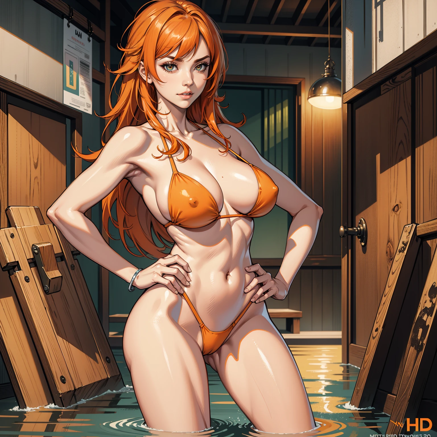 Masterpiece, Professional, High Definition - quality, sharp focus, perfect artwork, Best Illustration, trending on artstation, UHD, 4k, full body, NSFW Masterpiece, best quality, Masterpiece, best quality, 1 woman, Nami , long orange hair , sly face , brown bikini , big breasts , abdomen , Put your hands on your hips.. , 1 guy , molest , abandoned factory