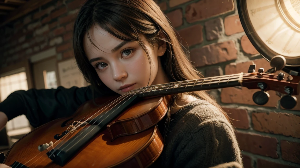 a small characteristic brick wall, viola, cello, acoustic guitar, realistic style, sketch-like, (best quality,4k,8k,highres,masterpiece:1.2),ultra-detailed,(realistic,photorealistic,photo-realistic:1.37),HDR,UHD,studio lighting,ultra-fine painting,sharp focus,physically-based rendering,extreme detail description,professional,vivid colors,bokeh,detailed instruments, intricate textures, warm lighting, natural shadows, muted color palette