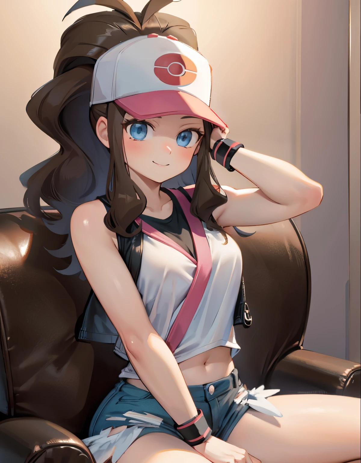 a hilda pokemon, def1, sitting on a black leather armchair, with a man touching her body next to her, curious look, pokeballs, smile, feminine charm, downblouse, highly detailed, photorealistic, 8k, studio lighting, warm color tones, dramatic lighting, elegant, beautiful, exquisite, intricate details, flawless skin, flowing hair, expressive eyes
