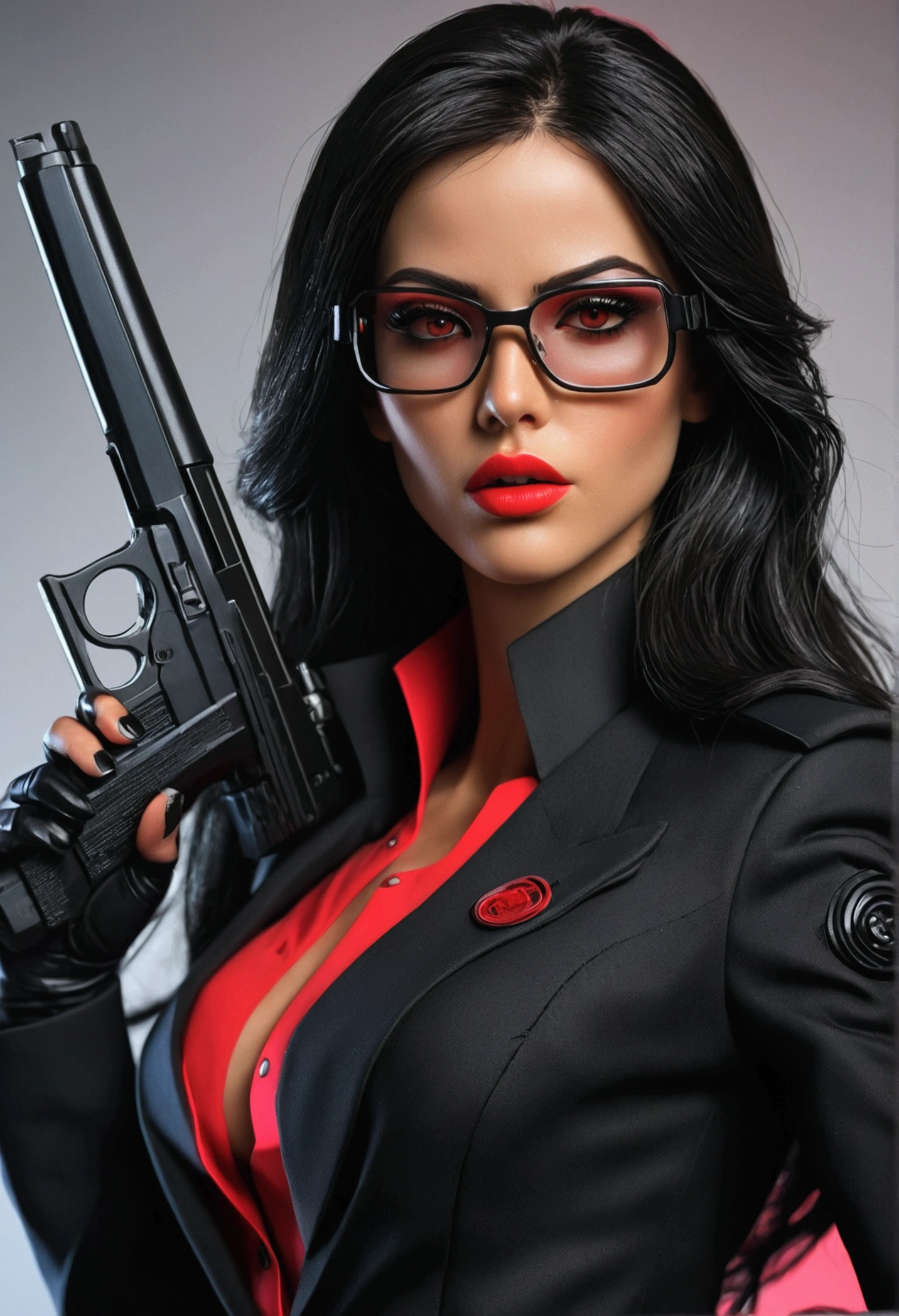 (best quality,realistic:1.37), ultra-detailed, highres, (perfect eyes), cyberpunk G.I. Joe woman, beautiful detailed eyes, sexy, beautiful detailed lips, extremely detailed face, long black hair, pretty girl, holding a gun, low cut black and red slim suit, glasses, 1980's, action pose, neon colors