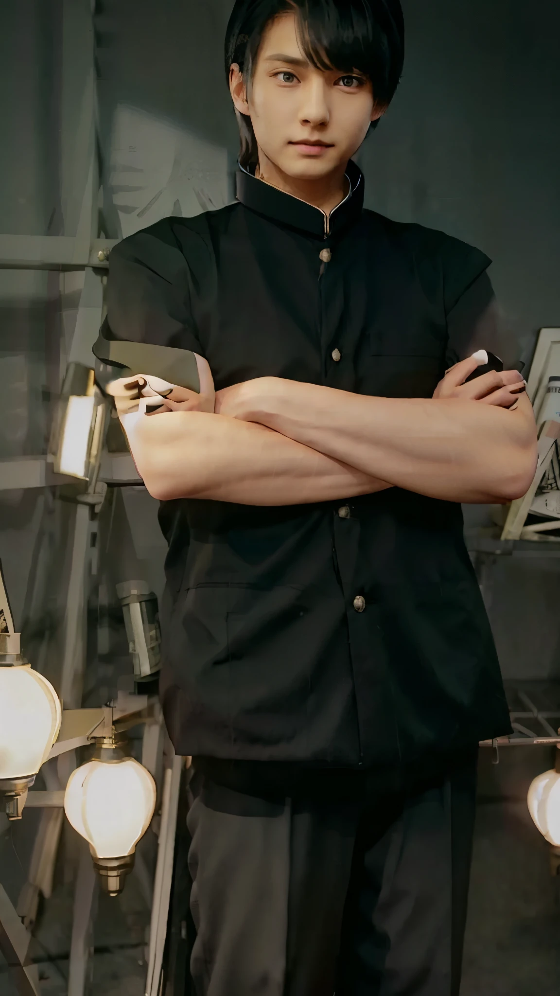 a man wearing a black gakuran and pants standing with his arms crossed , man wearing gakuran, gold buttons and shoulder-length black hair