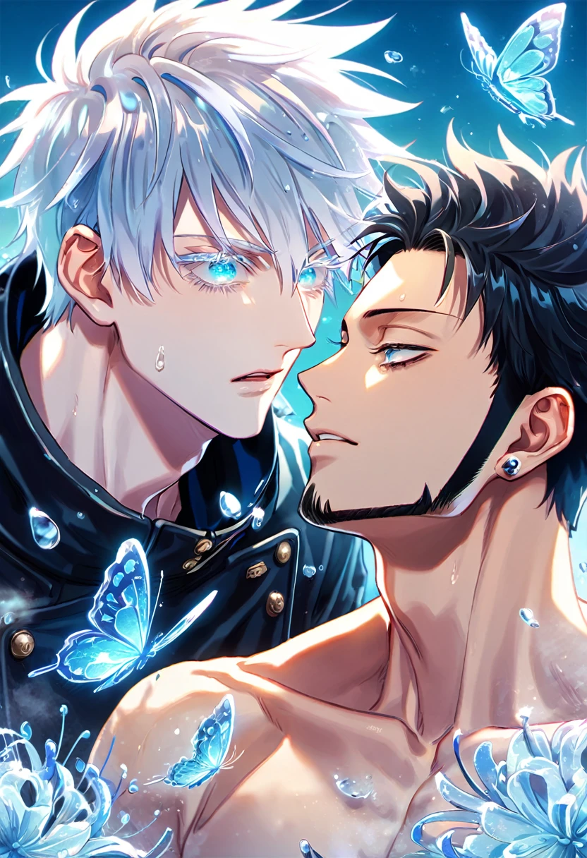 absurd resolution, high resolution, ultra detailed, detailed eyes, extremely detailed, HDR, 8K, Gojou Satoru, white hair, expressive blue eyes, white eyelashes, Jujutsu Kaisen, Trafalgar Law, black hair, expressive gray eyes, black coat, black leather coat, two y men together, yaoay couple, handsome, fantasy, cool, magical, blue glittering butterf, blue dust flying around, blue spider lilies, blue petals, blue lanterns, icy, cold, blue blossoms, blue sky