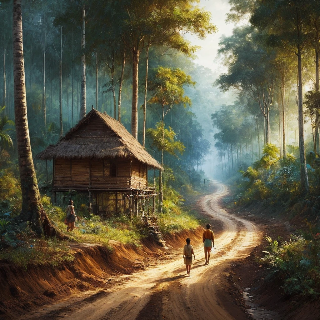 a painting of two people walking down a dirt road, a fine art painting, trending on cg society, sumatraism, house in forest, son, tropical location, mobile wallpaper