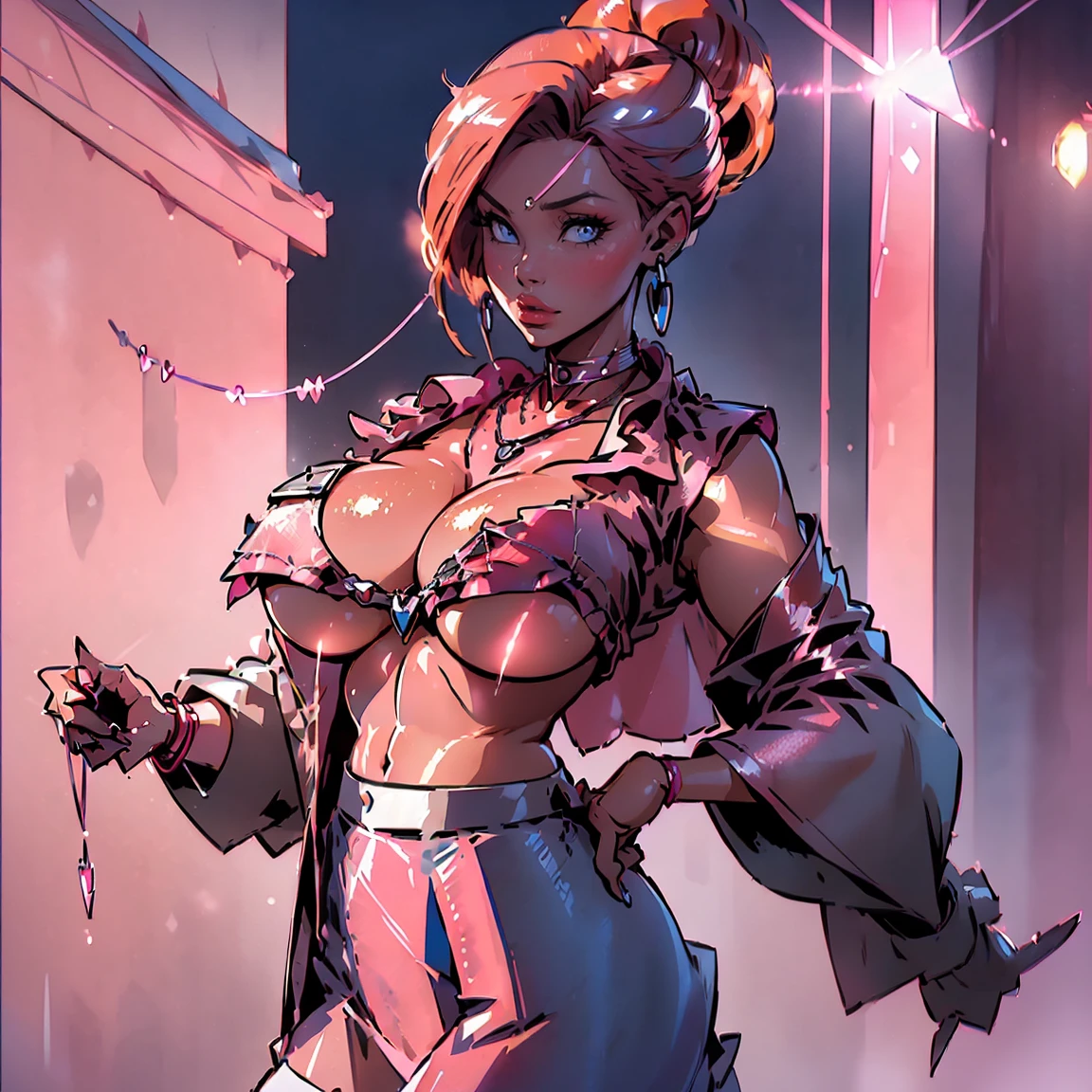((Highest quality, 8k, masterpiece :1.3)), (Sharp focus :1.2, Beautiful woman with perfect figure :1.4, Slim Abs :1.2), ((Big Breasts, Emphasize cleavage, The underboob is visible:1.3)), (Photorealistic:1.4), (realistic:1.4), (Pink Hair:1.5), Highly detailed face and skin texture, Fine grain, double eyelid. Makeup face, A little bit of lipstick, sex appeal, Sexy gravure pose, ((Pink blouse and white skirt。The background is the museum、night show。Accessory: silver necklace。:1.3)