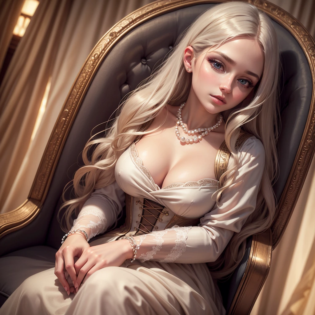 a beautiful young girl in a chair, touching her lips and breast, long flowing hair, pearl necklace, elegant dress, dreamy expression, soft lighting, pastel colors, ethereal atmosphere, cinematic composition, chiaroscuro lighting, oil painting style, masterpiece, (best quality,8k,highres,masterpiece:1.2),extremely detailed corset and dress,detailed skin texture,detailed facial features,beautiful detailed eyes,beautiful detailed lips,extremely detailed face and eyes,long eyelashes,photorealistic,portrait