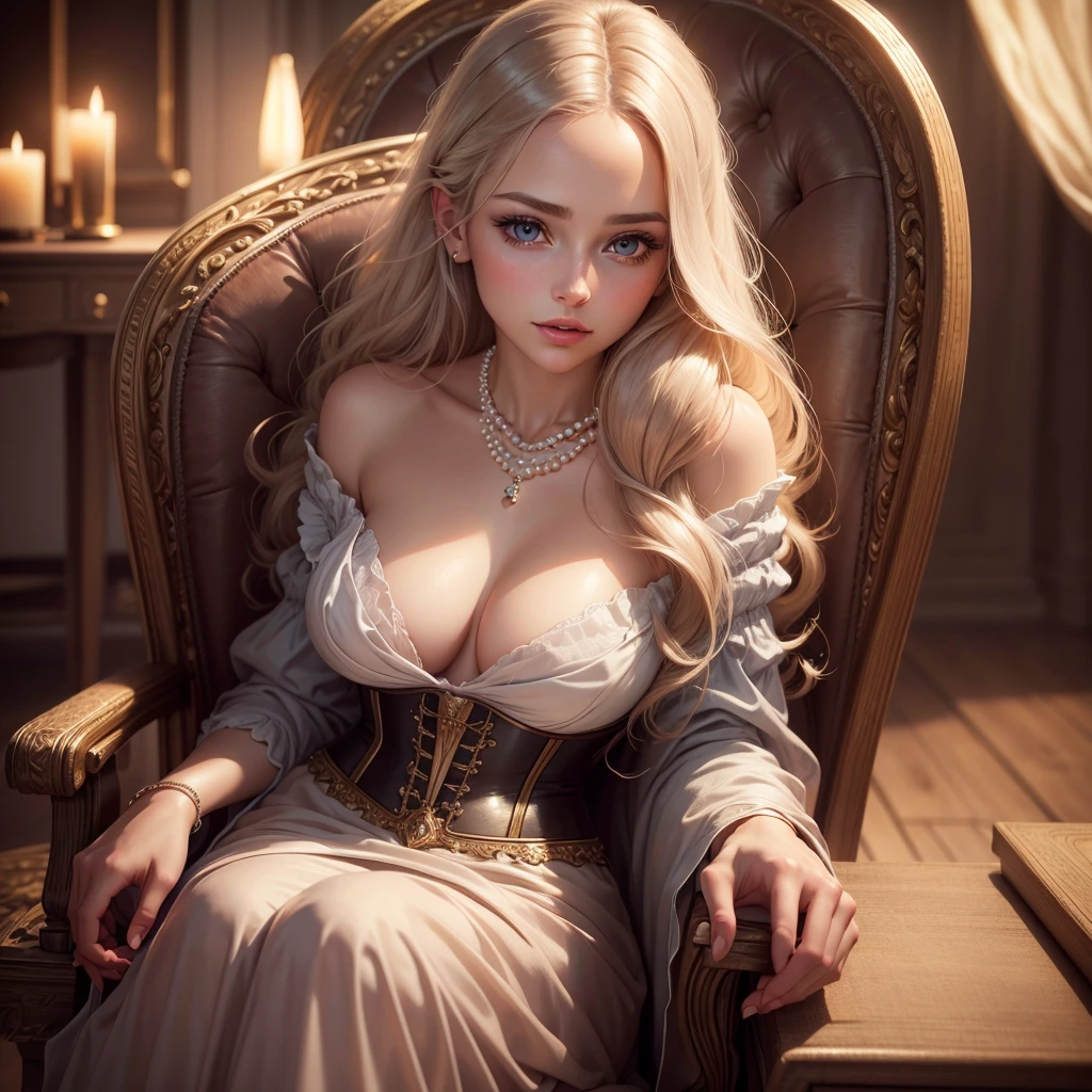 a beautiful young girl in a chair, touching her lips and breast, long flowing hair, pearl necklace, elegant dress, dreamy expression, soft lighting, pastel colors, ethereal atmosphere, cinematic composition, chiaroscuro lighting, oil painting style, masterpiece, (best quality,8k,highres,masterpiece:1.2),extremely detailed corset and dress,detailed skin texture,detailed facial features,beautiful detailed eyes,beautiful detailed lips,extremely detailed face and eyes,long eyelashes,photorealistic,portrait
