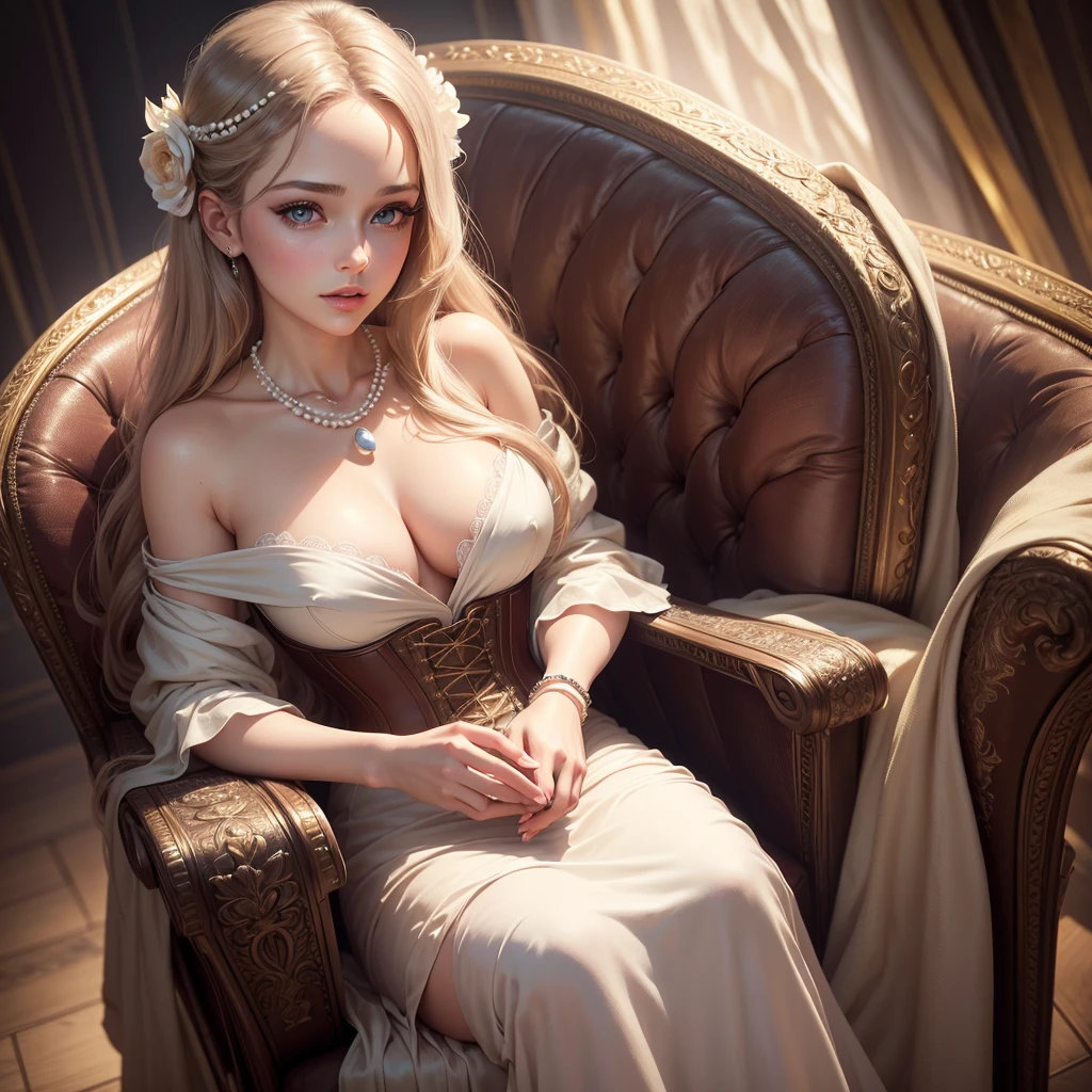 a beautiful young girl in a chair, touching her lips and breast, long flowing hair, pearl necklace, elegant dress, dreamy expression, soft lighting, pastel colors, ethereal atmosphere, cinematic composition, chiaroscuro lighting, oil painting style, masterpiece, (best quality,8k,highres,masterpiece:1.2),extremely detailed corset and dress,detailed skin texture,detailed facial features,beautiful detailed eyes,beautiful detailed lips,extremely detailed face and eyes,long eyelashes,photorealistic,portrait