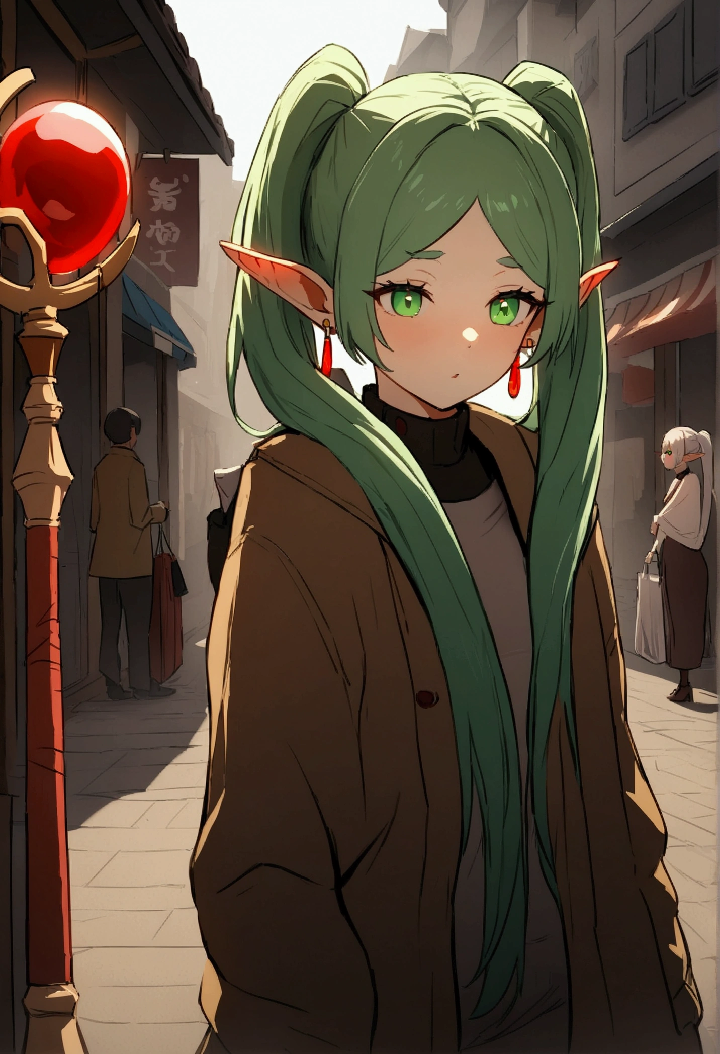 NSFW,masterpiece,Highest quality,High resolution,Very detailed,Frielen\(葬送のFrielen\),Pointed Ears, Green Eyes, Twin tails, staff, Very long hair, Earrings,Shopping Street,street vendors