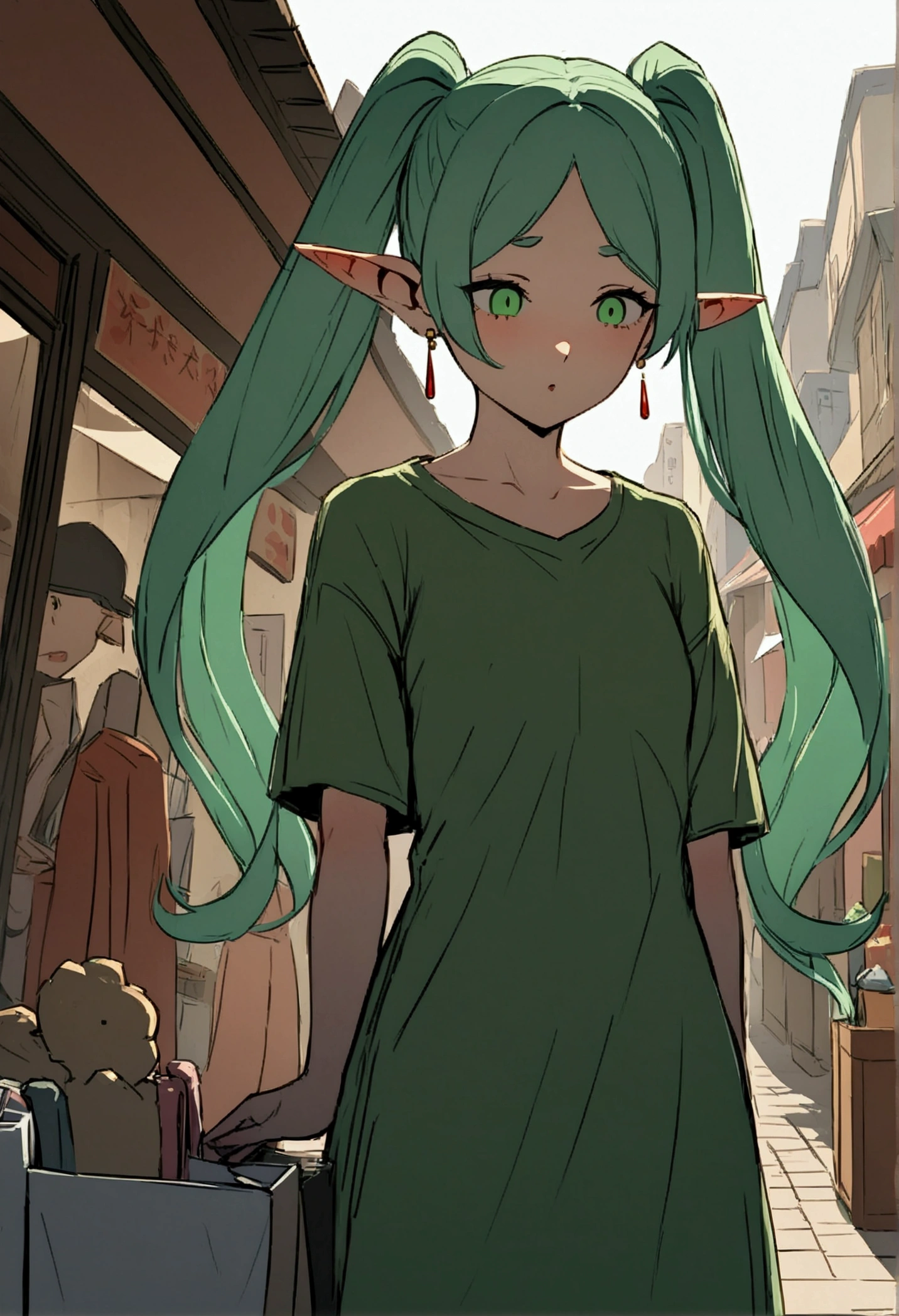 NSFW,masterpiece,Highest quality,High resolution,Very detailed,Frielen\(葬送のFrielen\),Pointed Ears, Green Eyes, Twin tails, staff, Very long hair, Earrings,Shopping Street,street vendors