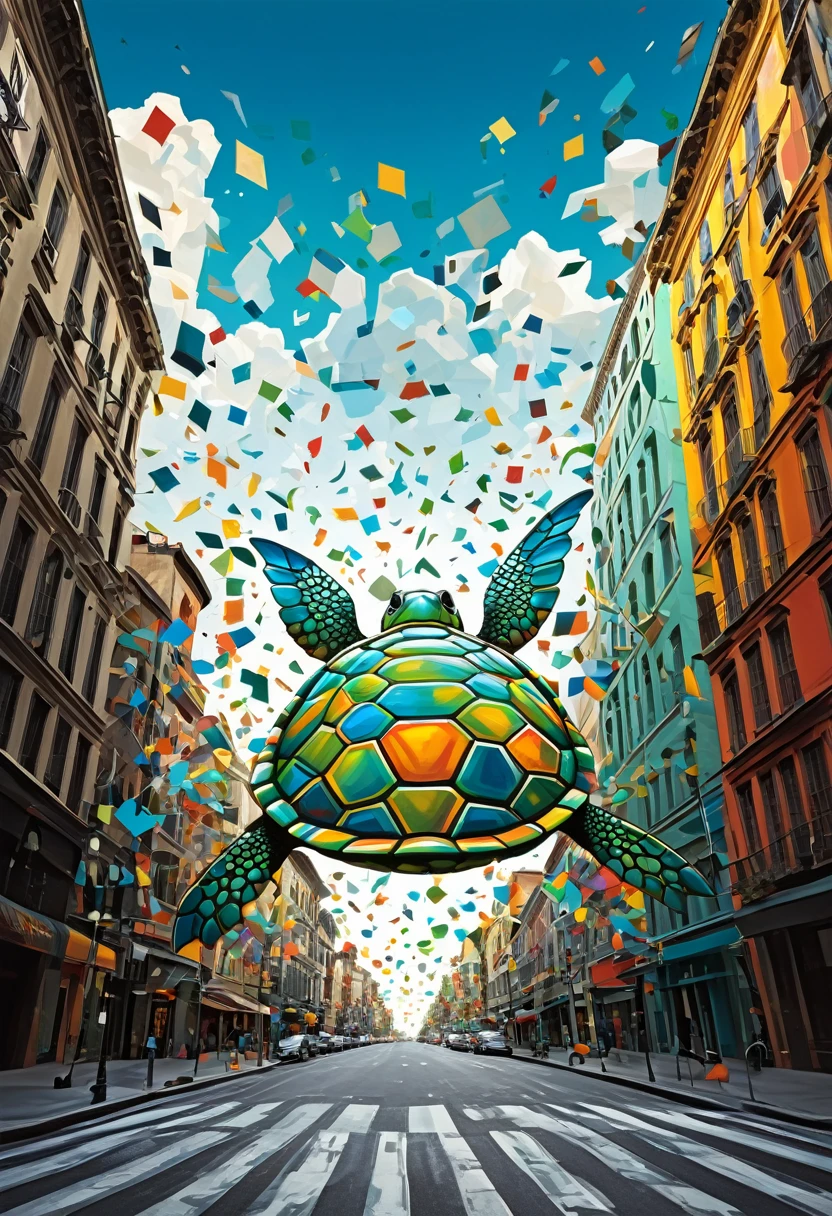 "Visualize an interpretation of a turtle, floating through the sky above a lively and dynamic street. Decompose the shape of the turtle into geometric shapes and fragmented planes, To capture its movement and energy in a unique and abstract way. Incorporate bold colors and sharp angles, to convey a feeling of movement and tension. Play with perspective and layering, to create a multidimensional composition, which questions traditional notions of space and form. Be inspired by the avant-garde spirit of Cubism and see nature in a fresh and innovative light.. Unleash your creativity, as you bring this imaginative scene to life on the screen 