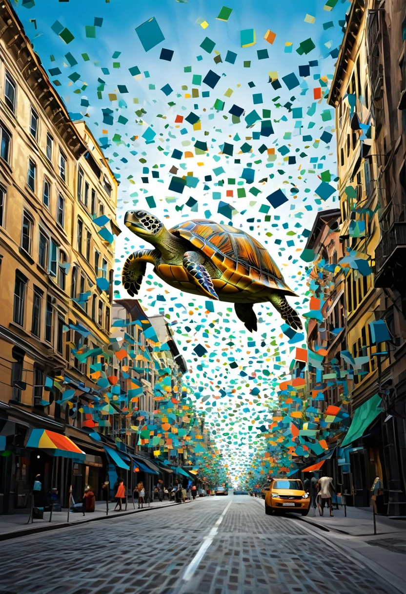 "Visualize an interpretation of a turtle, floating through the sky above a lively and dynamic street. Decompose the shape of the turtle into geometric shapes and fragmented planes, To capture its movement and energy in a unique and abstract way. Incorporate bold colors and sharp angles, to convey a feeling of movement and tension. Play with perspective and layering, to create a multidimensional composition, which questions traditional notions of space and form. Be inspired by the avant-garde spirit of Cubism and see nature in a fresh and innovative light.. Unleash your creativity, as you bring this imaginative scene to life on the screen
