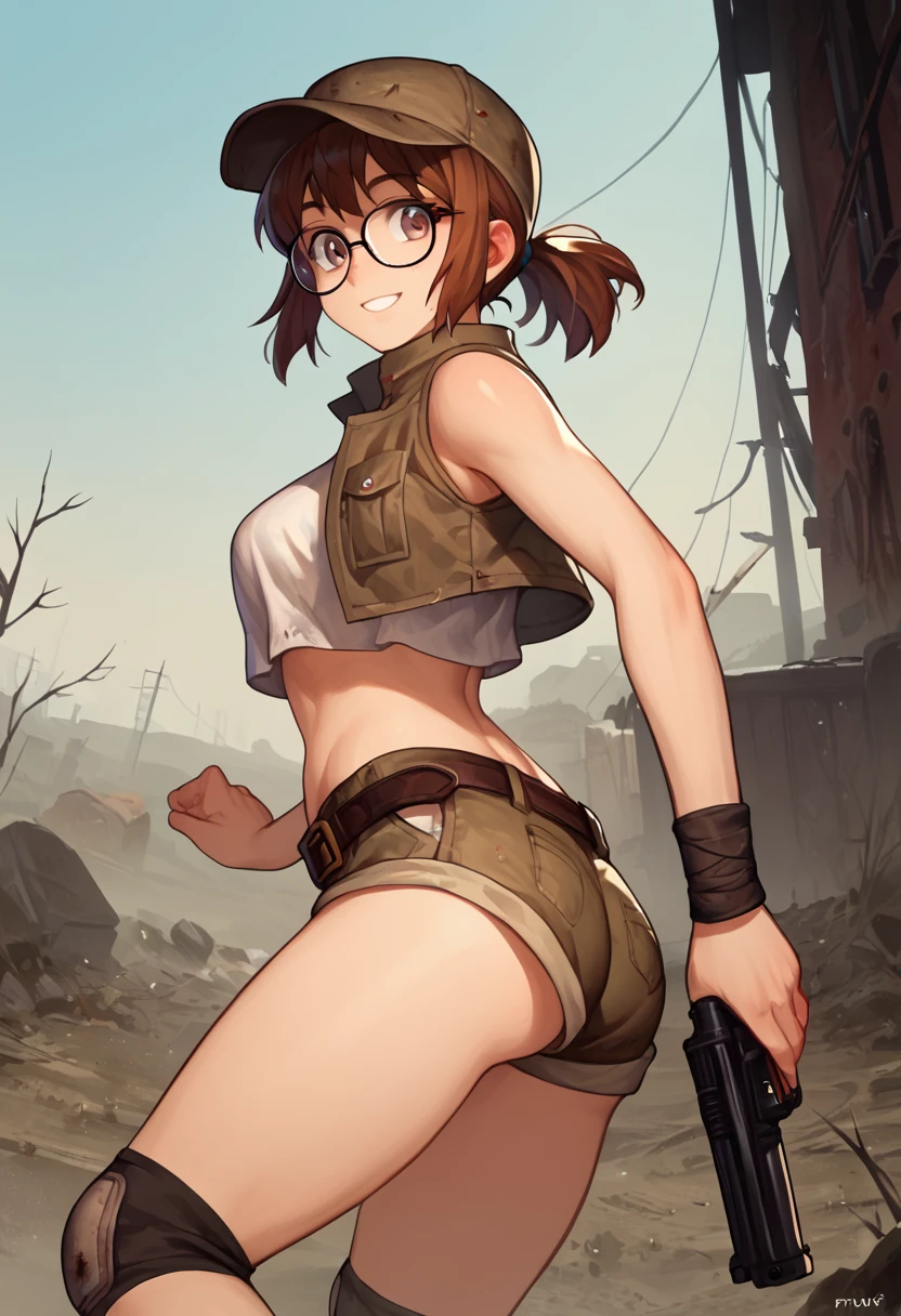 score_9, score_8_up, score_7_up, source_anime, fiogermi,1girl,fio germi, brown hair, glasses, medium hair, ponytail, brown eyes, crop top, hat, jacket, knee pads, shorts, sleeveless, navel, belt, outdoors, wasteland, gun, weapon, holding gun, smile,ass,looking at viewer, cowboy shot,dynamic pose, dutch angle, solo,behind view