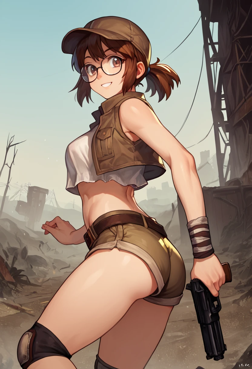 score_9, score_8_up, score_7_up, source_anime, fiogermi,1girl,fio germi, brown hair, glasses, medium hair, ponytail, brown eyes, crop top, hat, jacket, knee pads, shorts, sleeveless, navel, belt, outdoors, wasteland, gun, weapon, holding gun, smile,ass,looking at viewer, cowboy shot,dynamic pose, dutch angle, solo,behind view