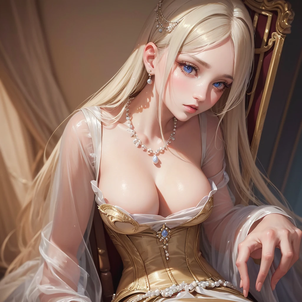 a beautiful young girl in a chair, touching her lips and breast, long flowing hair, pearl necklace, elegant dress, dreamy expression, soft lighting, pastel colors, ethereal atmosphere, cinematic composition, chiaroscuro lighting, oil painting style, masterpiece, (best quality,8k,highres,masterpiece:1.2),extremely detailed corset and dress,detailed skin texture,detailed facial features,beautiful detailed eyes,beautiful detailed lips,extremely detailed face and eyes,long eyelashes,photorealistic,portrait