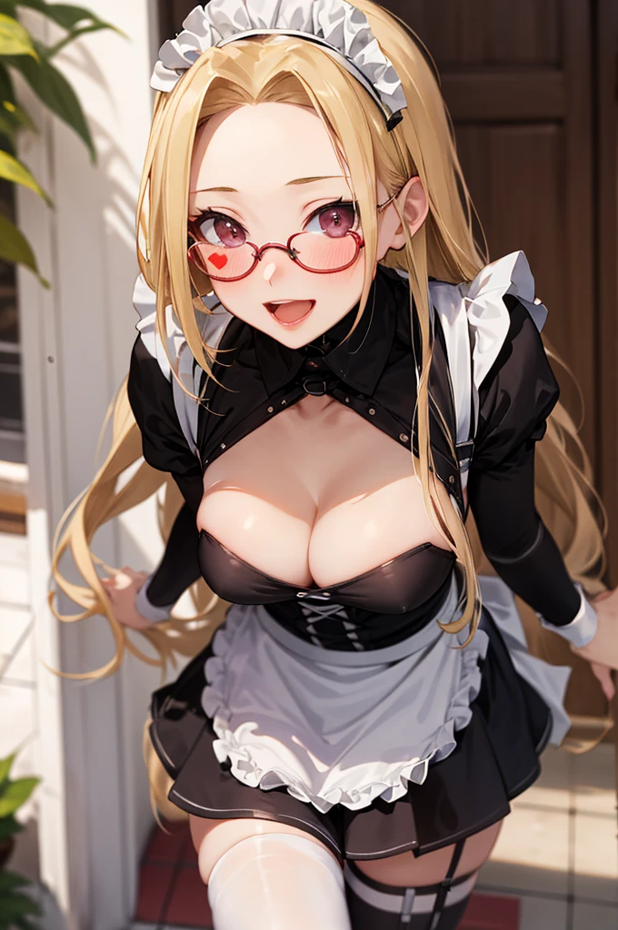 masterpiece, best quality, highres, aaluis, long hair, facial mark, mole under mouth,, , ,nature,,,,blush,,smile,glasses,blonde,,,looking viewer,,,,glossy lips,open mouth,standing,(((maid costume))),long skirt,apron