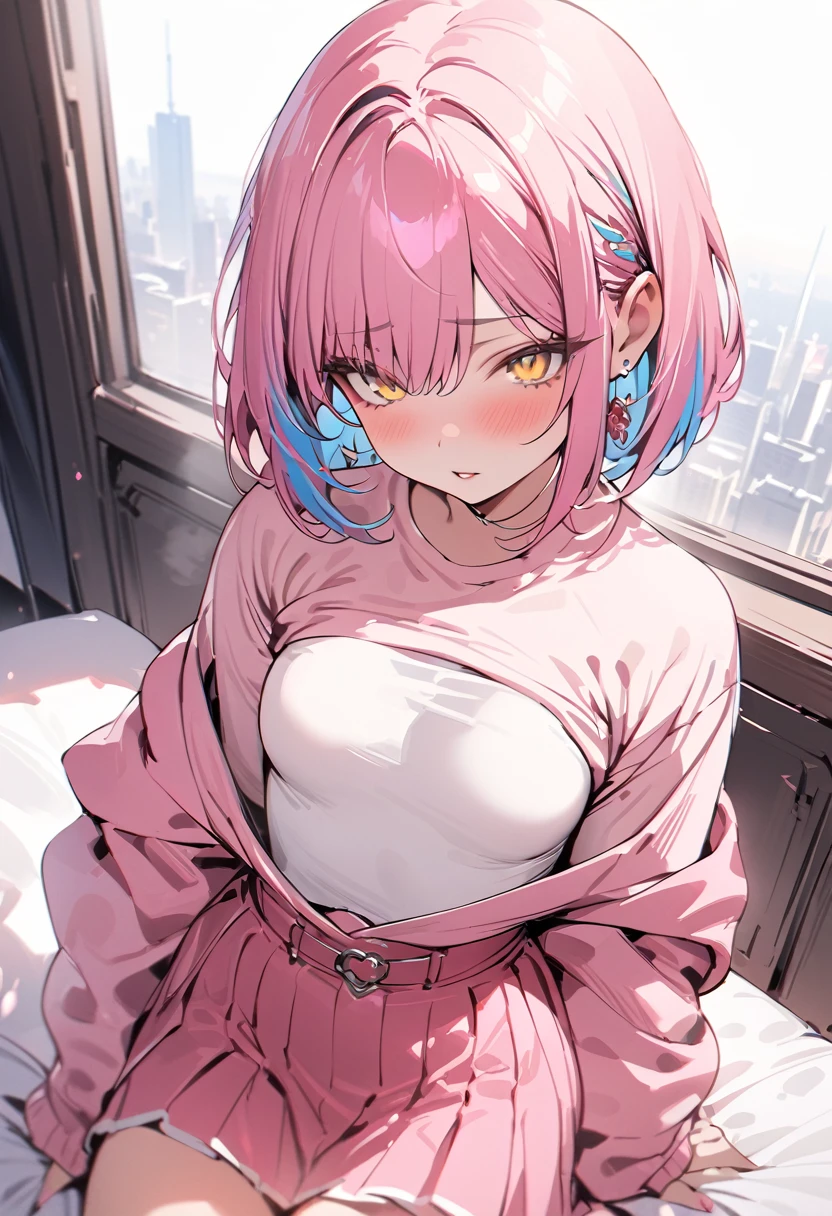 ((masterpiece,High resolution,Highest quality))
(21 years old,One Fair-skinned woman,Very small waist,Medium breasts)(erection atmosphere,Seductive eyes)
(pink hair bob cut with blue streaks,yellow eyes,Sharp Eyes)
(White ,Pink Skirt,Pink outer sweater)