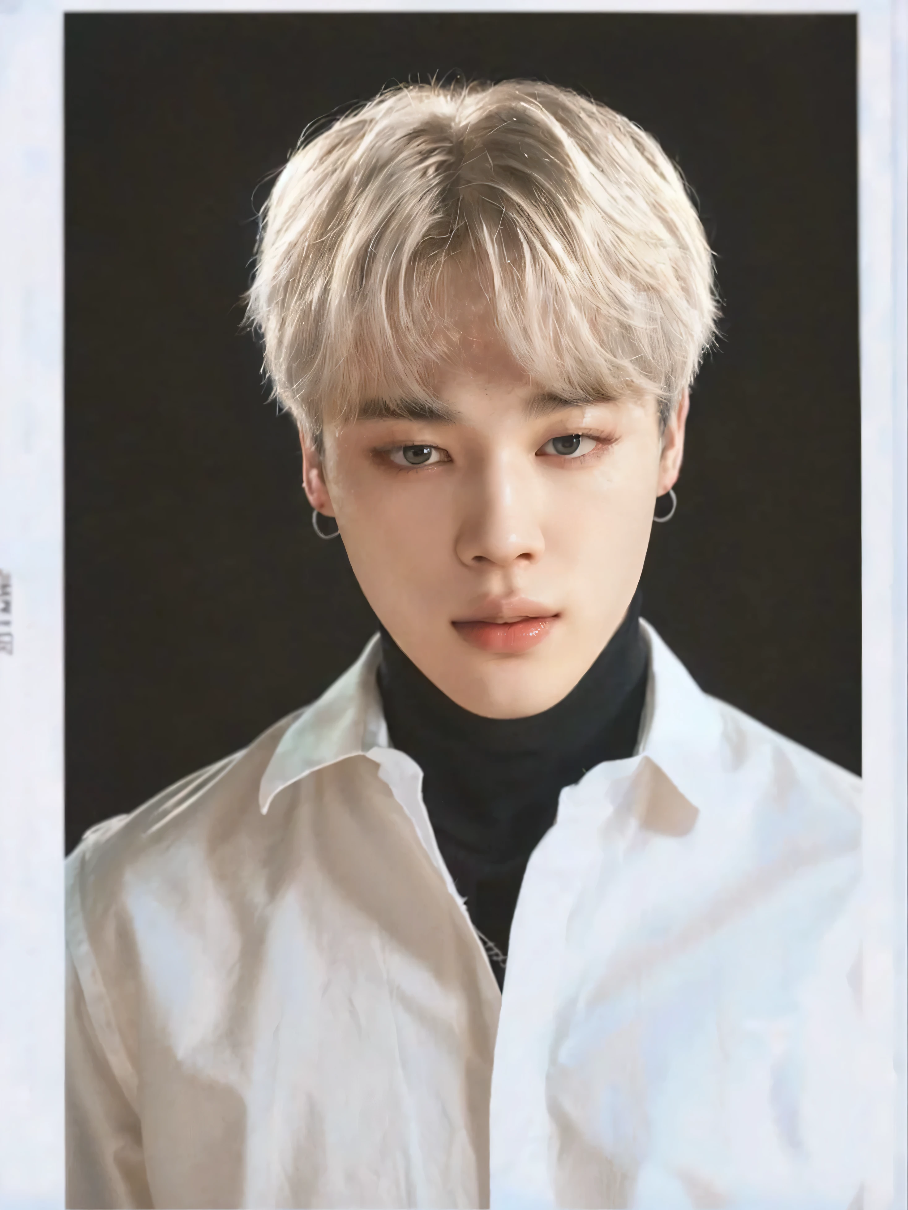 a close-up of a person wearing a white shirt and a black turtleneck, park Jimin, Jimin, Jimin\fleshy lips, accurate Jimin face, Jimin\the Greek nose, Jimin\the right eyelid is swollen, yanjun chengt, kpop idol portrait, jung jaehyun, inspired by Yanjun Cheng, Yoongi with black hair