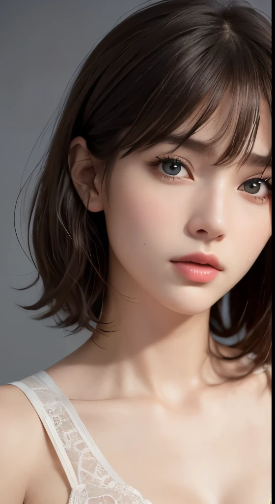 (photograph:1.2)、(photorealistic:1.3)、(masterpiece:1.3)、(Highest image quality:1.4)、ultra high resolution、(detailed eyes)、(detailed facial features)、(Detailed garment features)、8K resolution、solo focus、30 year old mature woman、small face、no makeup、Detailed beautiful eyes、bangs、dark brown hair、short cut hair、(realistic skin)、beautiful skin、charming、ultra high resolution、Super realistic、High definition、Camisa branca aberta,middlebre、small breasts、bust B cup、small breasts、cool beauty、Gray background、