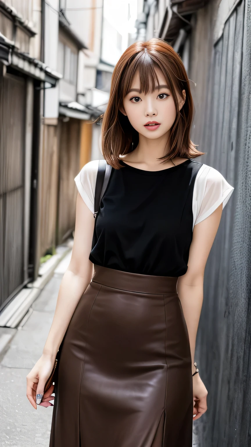 Japanese female one person、28 year old housewife、Perfect lighting、Reddish brown hair、Reddish brown eyes、Side light、detailedな顔、detailedな目、bangs、Light Skin、Simple Background、Dark Background、8k、High resolution、High resolution、RAW Photoasterpiece、Highest quality、Sharp focus、Hyper Detail、detailed、Walk towards here、Front view、(Photo from thigh to head:1. 2)、Overall transparent makeup、(Plain T-shirt、Maxi length black pencil skirt:1. 4)、Small breasts、Fine grain、Symmetrical eyes、Beautiful eyes、Her hairstyle is a light brown bob、The background is a back alley。