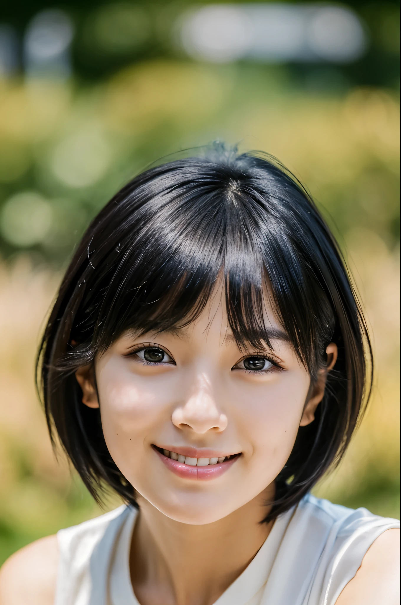 Portraiture, 8k, high quality, Realistic Photographic Images, 17 years old, Japanese women, Neat, small, Natural and realistic eyes, Beautiful black hair, short hair, light makeup, Octane Rendering, Beautiful lighting, Golden ratio composition, smile, Casual wear, Casual clothing, Natural background, Blurred Background