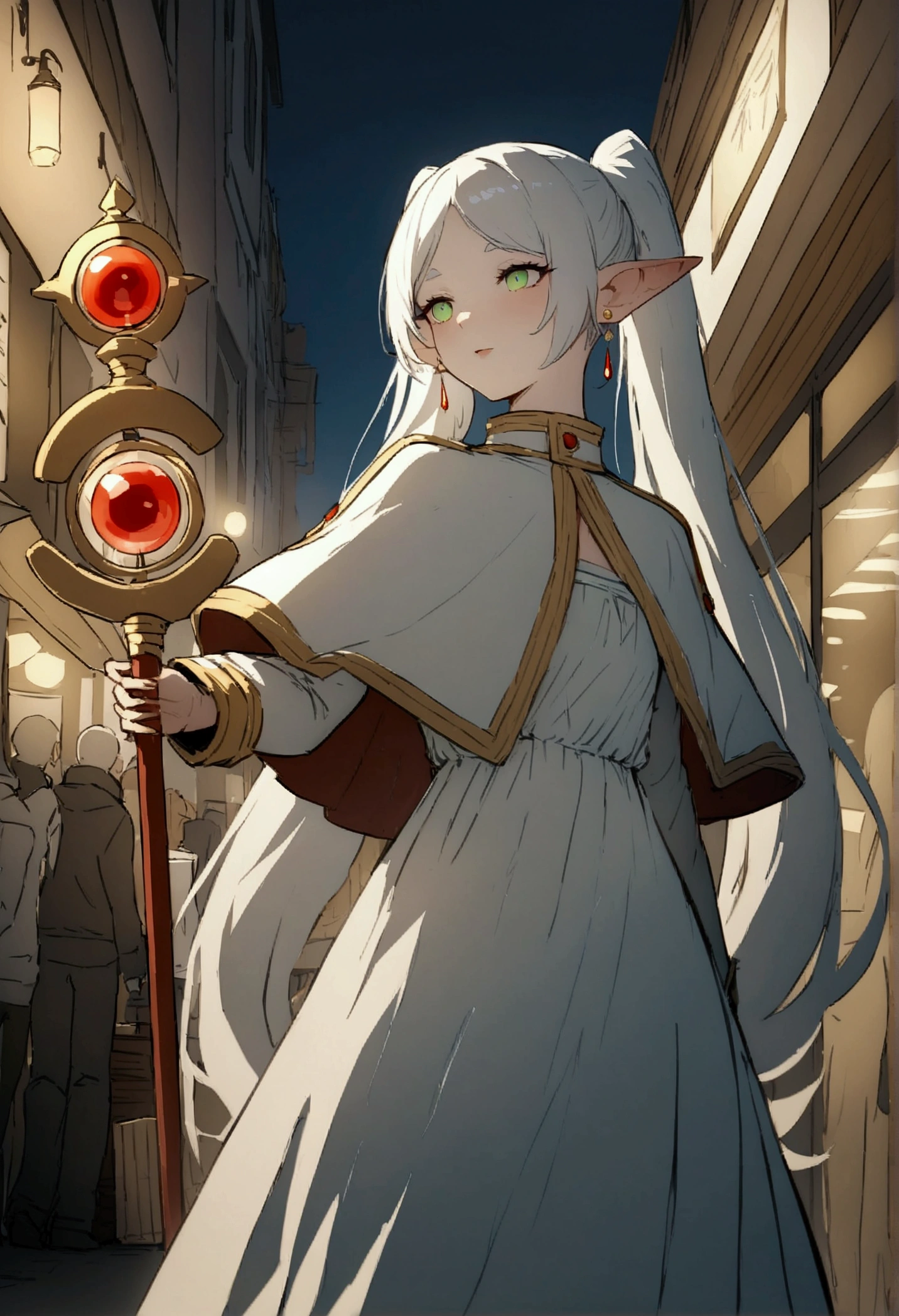 NSFW,masterpiece,Highest quality,High resolution,Very detailed,Frielen\(葬送のFrielen\),Pointed Ears, Green Eyes, Twin tails, staff, very long hair of white color,, Earrings,dress,Capelet,Shopping Street,street vendors