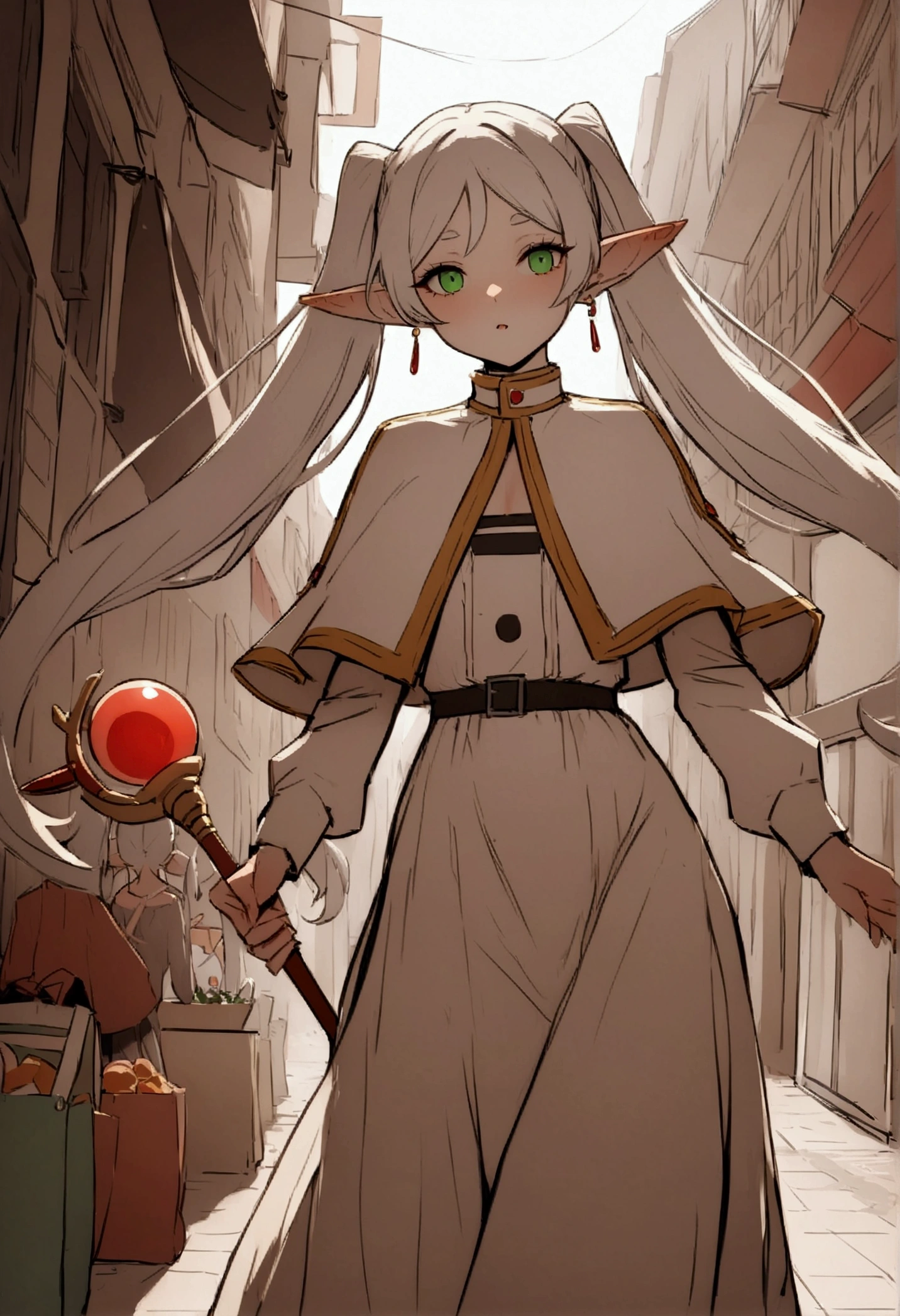 NSFW,masterpiece,Highest quality,High resolution,Very detailed,Frielen\(葬送のFrielen\),Pointed Ears, Green Eyes, Twin tails, staff, very long hair of white color,, Earrings,dress,Capelet,Shopping Street,street vendors