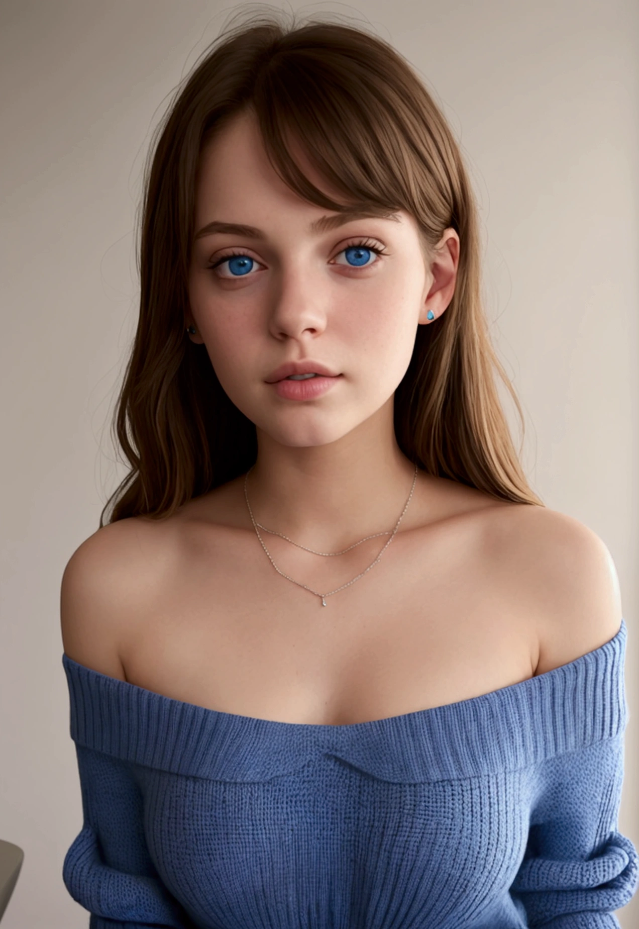 1 girl in, 23 years, Alone, by the wide, Colossal , looking at the viewer, by rubio, by rubio, by rubio, bare shoulders, blue eyes, joya, Whole body, a necklace, off the shoulders, Sweaters, super realistic, super realistic, super realistic, pretty face