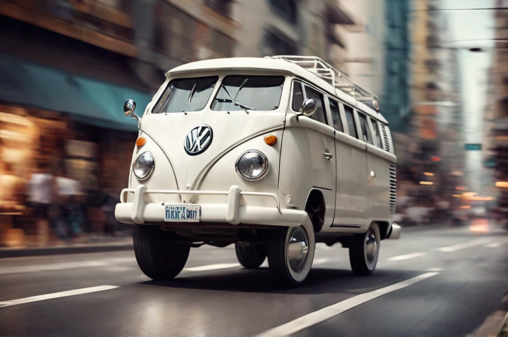 photo of white floating Volkswagen bus, Volkswagen vintage, without wheels, Science fiction, Science fiction, futurist, Depth of field, blur motion, terrified driver, decorates futurist city paved road 