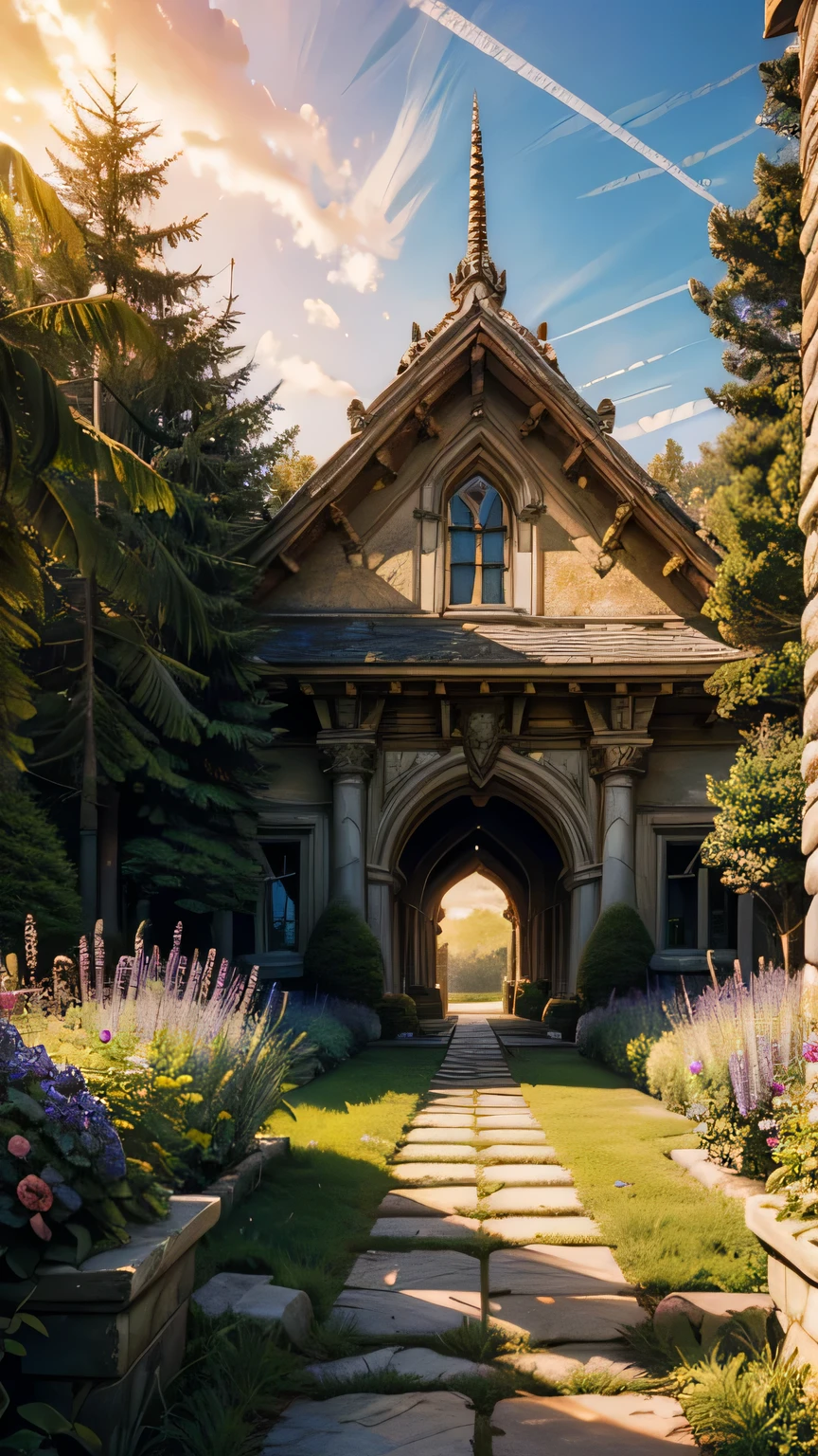 single stone arch opening to a fairytale garden outside,sunrise,plants,flowers,rugs,sunbeams,fantasy,ethereal,extreme details,photorealistic,design,architecture,4k,HD,beautiful,nature,