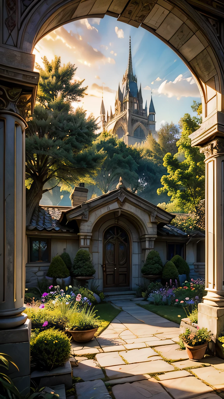 single stone arch opening to a fairytale garden outside,sunrise,plants,flowers,rugs,sunbeams,fantasy,ethereal,extreme details,photorealistic,design,architecture,4k,HD,beautiful,nature,