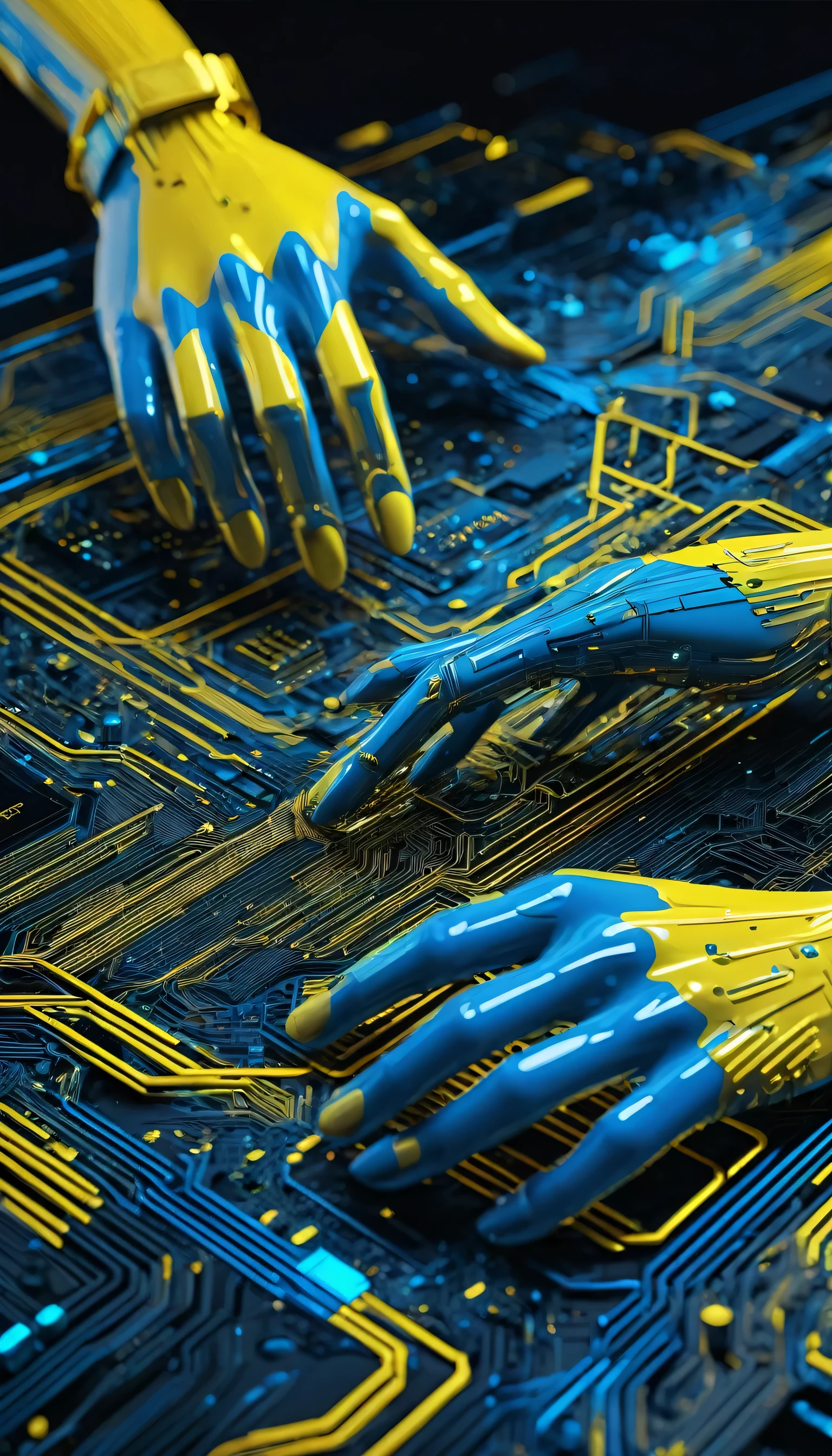 Abstract, blue and yellow artwork, high tech, hands calculanting, blockchain hash processing, 4D, 8k, alien high tech
