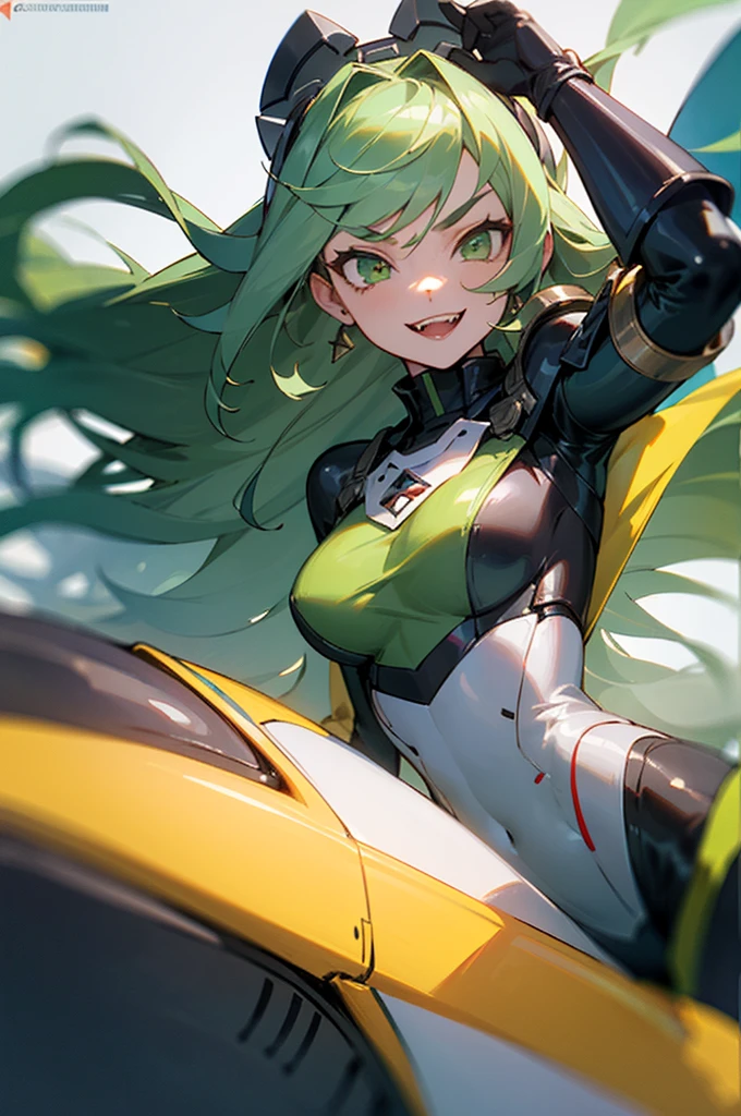 ((mejor calidad)), ((obra maestra)), (detallado), 1 girl, looking evil, Green long hair, Green eyes, shark teeth, black and green latex bodysuit, dark Green breastplate, crazy smile