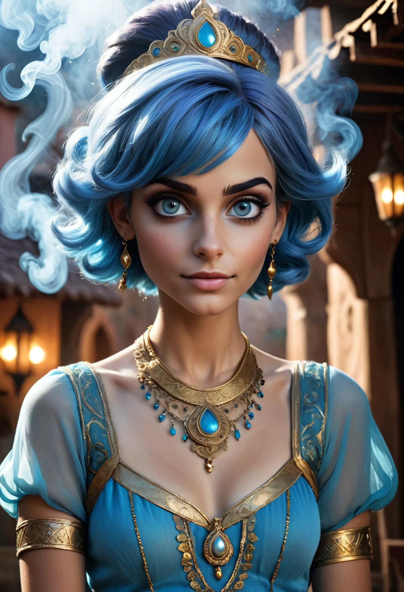 realistic, analog photo, Masterpiece, RAW photo, middle shot, photorealistic, (detailed cute face), genie, (folkloric Arabic creature), (in "Aladdin" style), (cute female, looks like Rachel Cook), short blue hair, blue skin, detailed Arabic village on background, (ghost blue smoke body), smoke particles, halo, (bioluminescent:0.95), vivid colors, vibrant color details, dynamic, Intensed eyes, sexy, pleasure, smoke splash, wishmaster, depth of field, 35mm, film grain, raw photo, isometric, extremely detailed