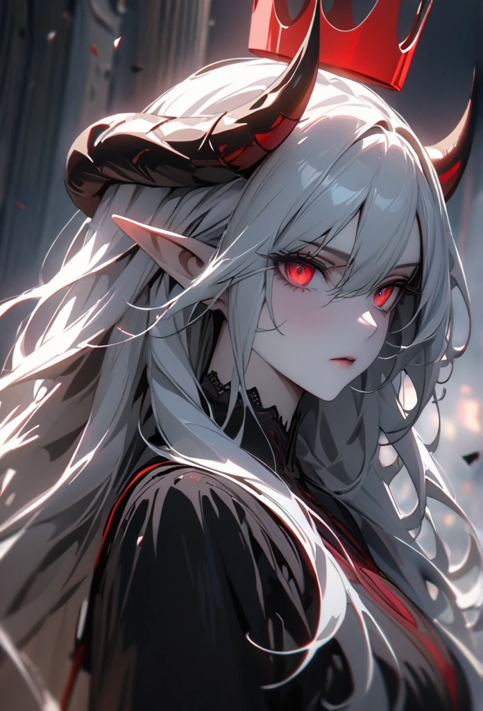 (solo), white hair, messy hair, mane hair, long hair, dense hair, wild hair, expressive hair, pale skin, red eyes, ((woman)), wearing a black dress, black demon horns,, serious, beautiful, attractive, long elf ears, eye reflection, depth of field, thunder aura,cinematic lighting, ray tracing, depth of field, cinematic lighting, ray tracing, UHD, high details, best quality, highres, high quality, award winning, super detail, masterpiece, 8k, UHD, high details, best quality, highres, high quality, award winning, super detail, masterpiece, 8k, digital art, anime coloring, body shot, good face, perfect face, detailed face, good eyes, in a hell field, crown