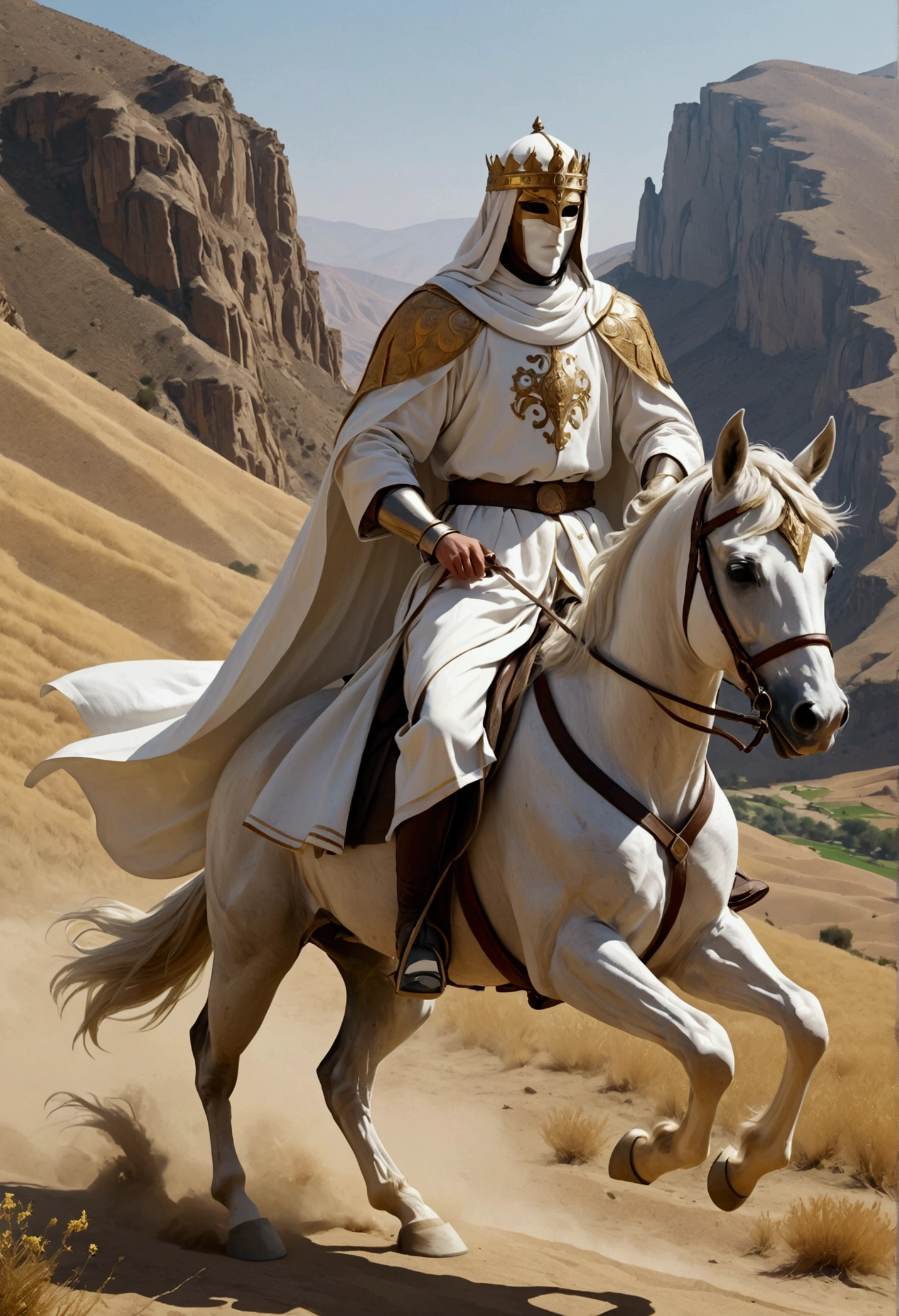  "A detailed image of Baldwin IV, wearing a silver mask, learning to ride a horse using only his knees. The scene captures him on a majestic horse, showing determination and skill, with a backdrop of the rugged Judean hills. He is dressed in white robes similar to those in the reference images."
Size: "1024x1024"