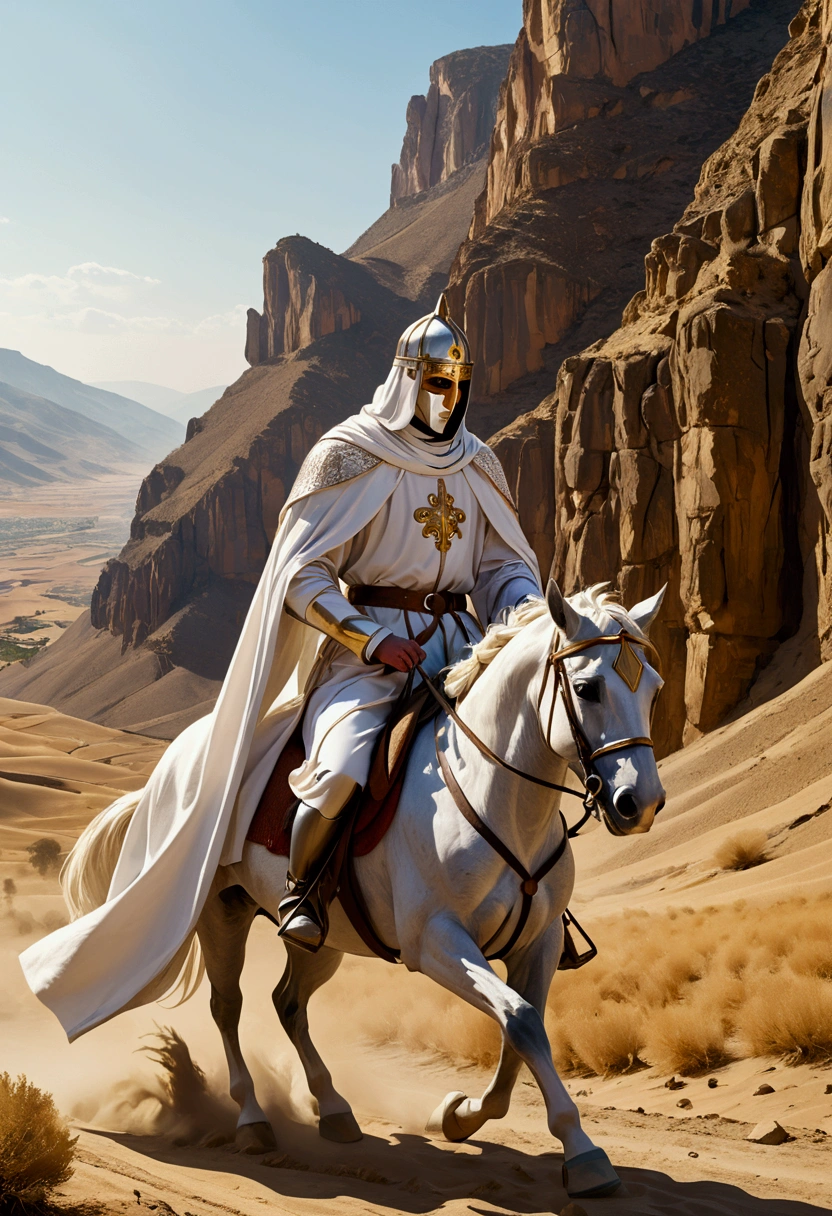 "A detailed image of Baldwin IV, wearing a silver mask, learning to ride a horse using only his knees. The scene captures him on a majestic horse, showing determination and skill, with a backdrop of the rugged Judean hills. He is dressed in white similar to those in the reference images."
Size: "1024x1024"